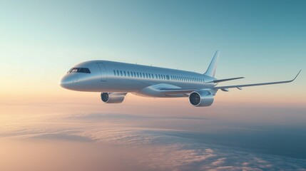 Naklejka premium Illustration of a Detailed Passenger Airplane Flying Overhead with a Light Blue Sky Background, Airplane Soaring Through a Clear Light Blue Sky, Airplane photo Against a Clean Light Blue Gradient Sky