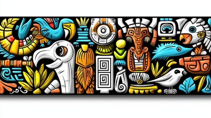 Fototapeta premium Colorful Aztec-inspired artwork featuring birds, animals, and symbols.