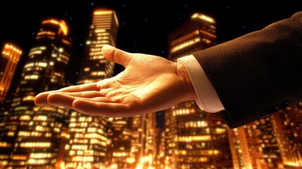Business networking event in urban nightscape professional hand gesture night high-contrast engaging concept