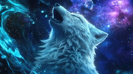 Obraz premium Majestic wolf howling under cosmic skies digital art fantasy environment immersive viewpoint mystical concept