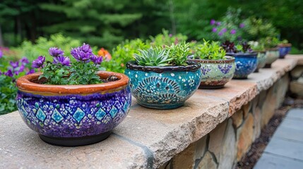 Colorful potted plants on stone wall, garden background, home decor