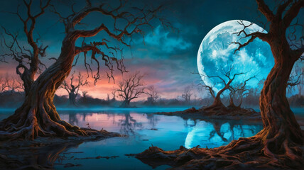 Fototapeta premium Surreal mystical landscape with a giant moon, twisted trees and steam all around
