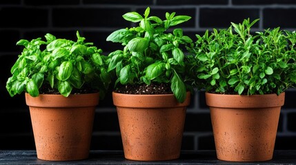 Three potted herbs against brick wall; cooking, gardening