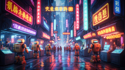 Fototapeta premium A neon-lit cyberpunk city with foreign script neon signs and robots among people in the street
