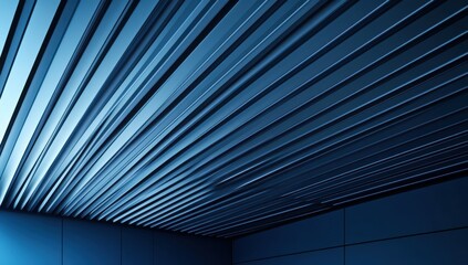 Modern Architectural Ceiling Design with Striped Patterns in Cool Blue Tones, Showcasing Innovative Building Materials and Contemporary Aesthetic Appeal for Interior Spaces