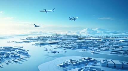 Fototapeta premium Arctic airport, planes, snowy landscape, industrial complex.