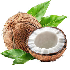Fresh coconut with leaves isolated on transparent background