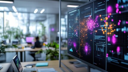 Obraz premium Office screen displays data; network visualization.