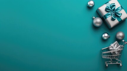 Holiday shopping delight with gifts and decor in a cart stylish background seasonal celebration concepts