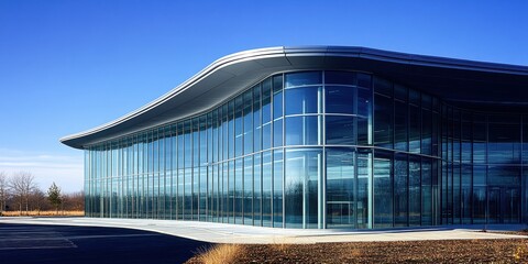 Modern Architectural Design Featuring Sleek Glass Facade and Innovative Curved Roof Against Clear Blue Sky in a Contemporary Outdoor Setting