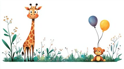 Obraz premium Giraffe and teddy bear with balloons in a colorful garden, white isolated background.