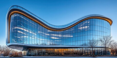 Naklejka premium Modern Architectural Marvel with Sleek Glass Facade and Curved Design Against Clear Blue Sky in Urban Environment