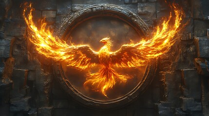 Fiery phoenix rising, stone wall backdrop, game logo
