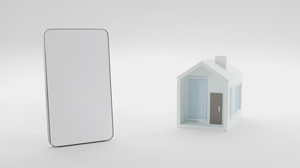 3D model of house and mobile phone on white background, order and purchase online via phone, real estate