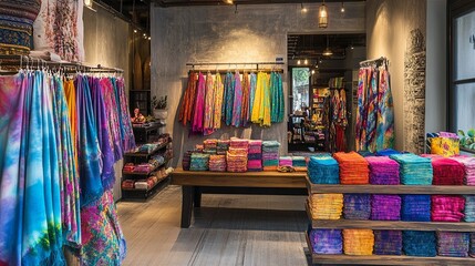 A vibrant collection of hand-dyed scarves displayed in a boutique shop