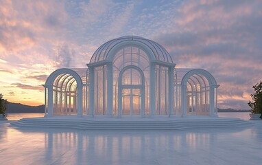 Obraz premium Glass conservatory at sunset, reflecting in still water.