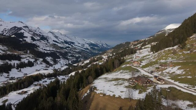 Aerial view of Engstligental in winter, Adelboden, Switzerland