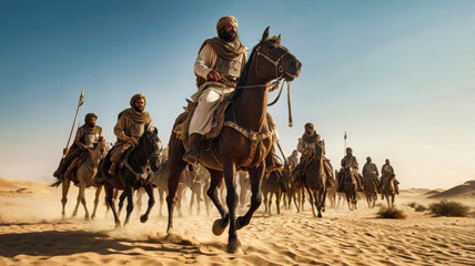 Naklejka premium The legendary hero Saladin ibn Ayyub - Salah ad-Din Yusuf ibn Ayyub - leading his elite army through the desert, with grace and determination