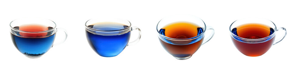 and visually captivating display of various translucent and colorful tea cups arranged on a tabletop