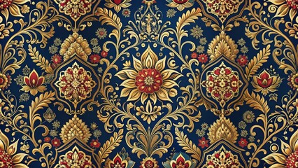 Traditional Middle Eastern textile pattern featuring intricate damask design with floral motifs and gold accents, creating a sense of luxury and elegance, floral,