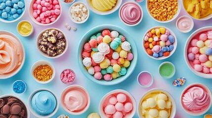 A vibrant gelato display with a variety of flavors and colorful toppings