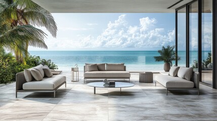 Obraz premium Luxurious Oceanfront Lounge with Marble Floors and Sleek Design