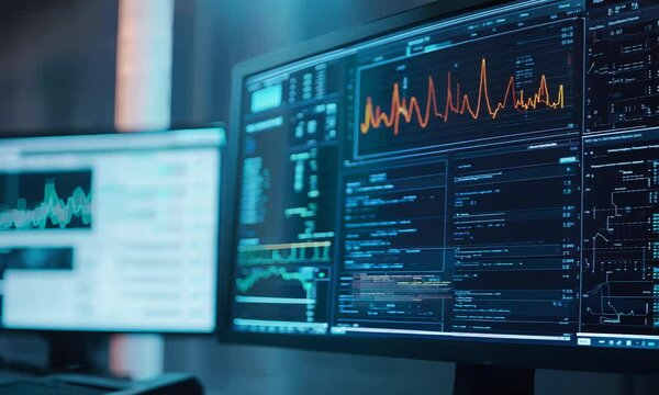 A close-up view of computer screens displaying data analytics and coding, modern technology in a professional environment.