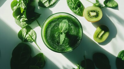 A vibrant green smoothie in a glass, garnished with a mint leaf, surrounded by fresh spinach and kiwi