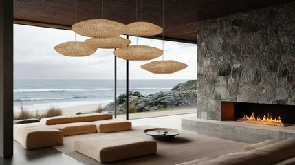 Minimalist Beach Lounge with Stone Fireplace and Neutral Tones