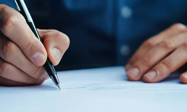 A close-up of a hand holding a pen, writing on a blank sheet of paper, conveying focus and creativity in a professional setting.