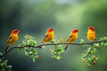 Fototapeta premium Brightly colored yellow and red birds perched on a branch covered with small green buds, creating a harmonious nature scene.