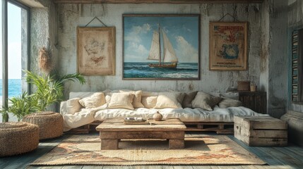 Rustic Beach Lounge with Driftwood Tables and Coastal Artwork