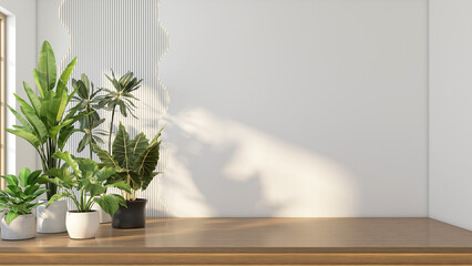 Empty room with a raised wooden floor and white slat wall, Curved wall with hidden lighting. There is a green indoor plant on the side. 3D rendering