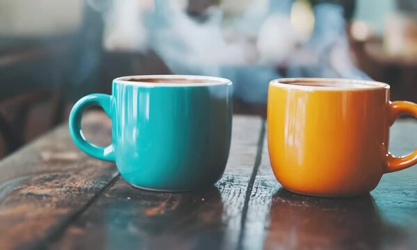 Two colorful ceramic mugs, one turquoise and one orange, sit on a rustic wooden table, and inviting atmosphere.