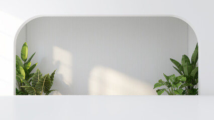 Minimalist empty with a raised white floor and white arch wall. There is a green indoor plant on the side. 3D rendering