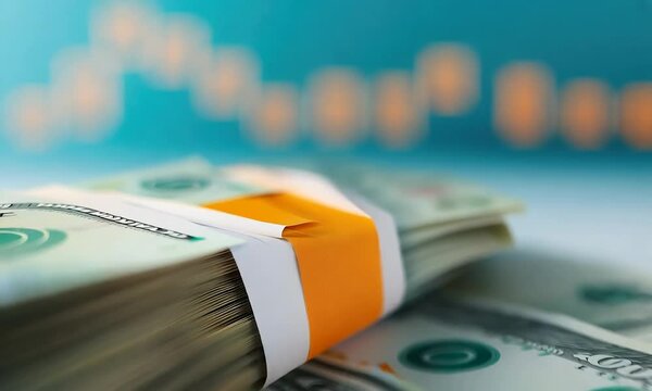 A stack of cash with a blue background and rising graph pattern, symbolizing finance, investment, and economic growth.
