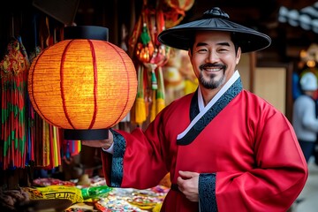 Lunar New Year Glow: Man in Red Traditional Suit