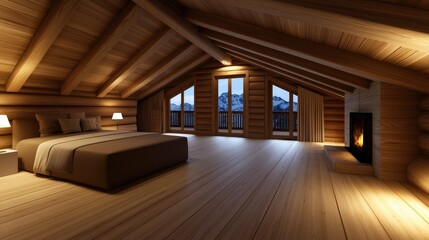 Cozy wooden cabin bedroom retreat mountain view interior photography rustic atmosphere evening lighting