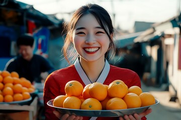 Korean woman with oranges in the market