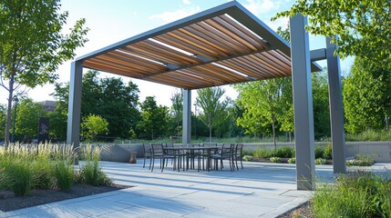Fototapeta premium Innovative outdoor design featuring a central pergola with modern seating.