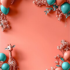Giraffe toy with colorful balloons and flowers on a coral background.