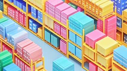 inventory forecast analysis flat design top view warehouse theme 3D render colored pastel