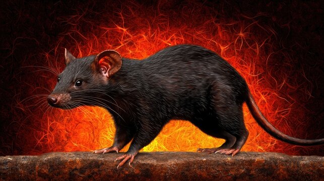 Exploring the mysterious black dasyure in a fiery environment wildlife photography dark atmosphere close-up view
