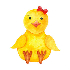 Watercolor illustration of a cute chicken with a bow.   Illustration for children tableware, textiles, stickers