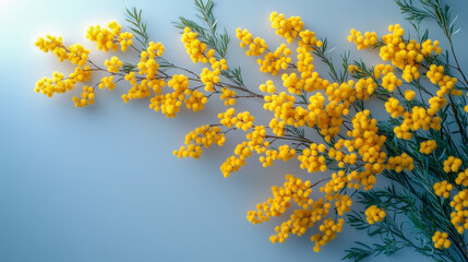 Vibrant mimosa branches on a bright blue backdrop