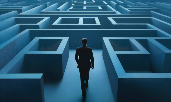 A lone figure stands at the entrance of a complex maze, symbolizing the challenges and choices in life.