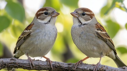 Fototapeta premium Two sparrows face-to-face on branch, spring leaves background; nature, wildlife