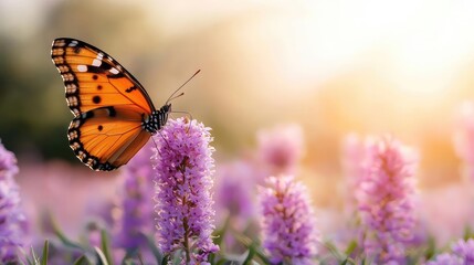 Butterfly on lavender flowers at sunset; nature background, for peaceful designs