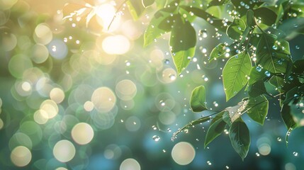 Fototapeta premium Natural bokeh and light bubbles on leaves, photorealistic and minimal style