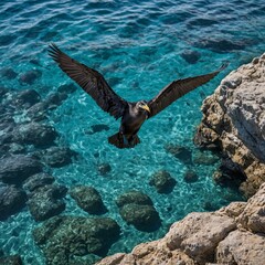 Fototapeta premium A cormorant diving into clear blue waters near a rocky coastline.